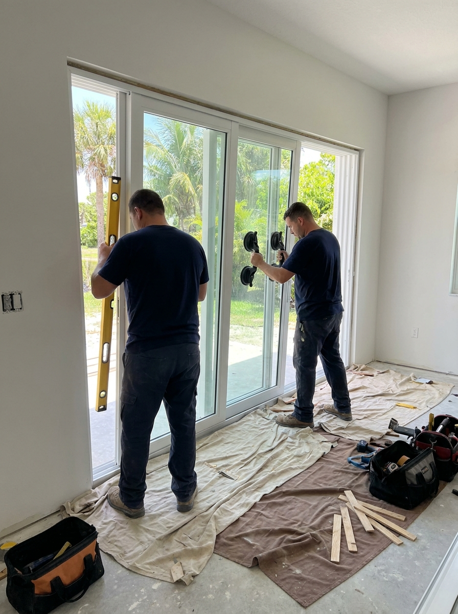 Installers setting an impact sliding glass door